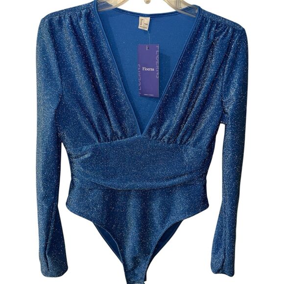 Floerns Bodysuit Womens L Ruched Front Deep V Leotard Long Sleeve Glitter New - Picture 1 of 13